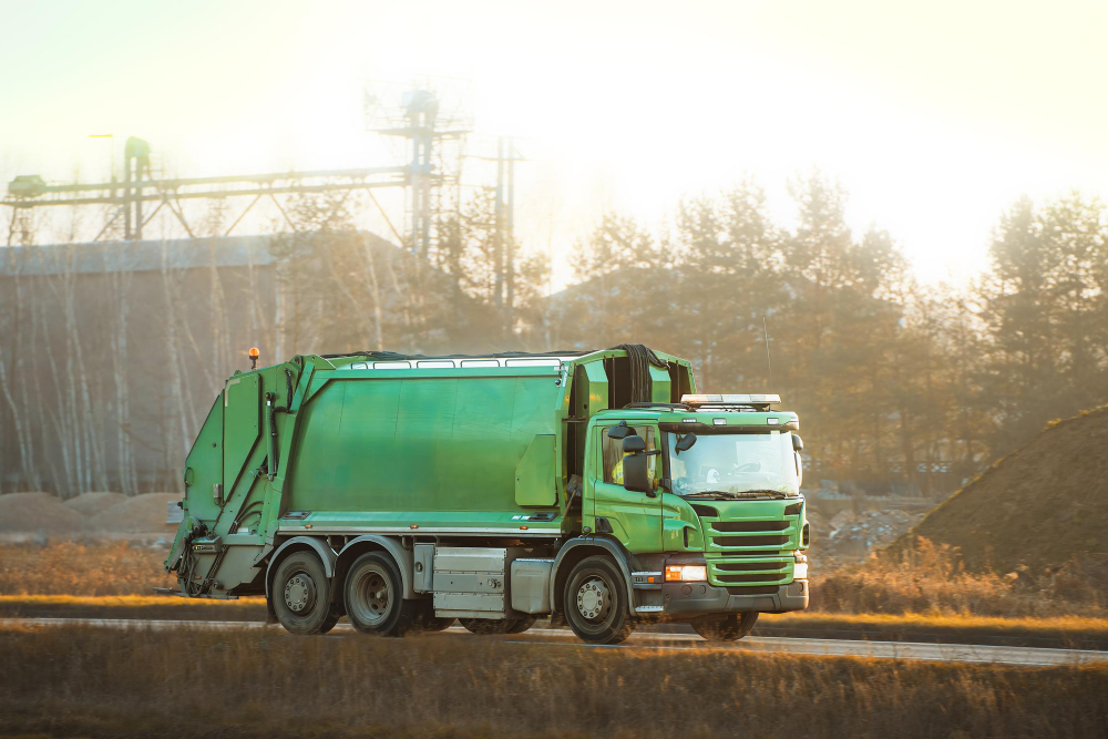 A large green refuse or waste truck is driving on a paved road with industrial buildings and trees in the blurred background.