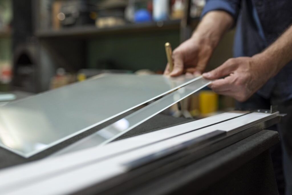 A person's hands are holding a large sheet of clear glass, with a second sheet visible underneath. The person is using a golden tool to work with the glass.