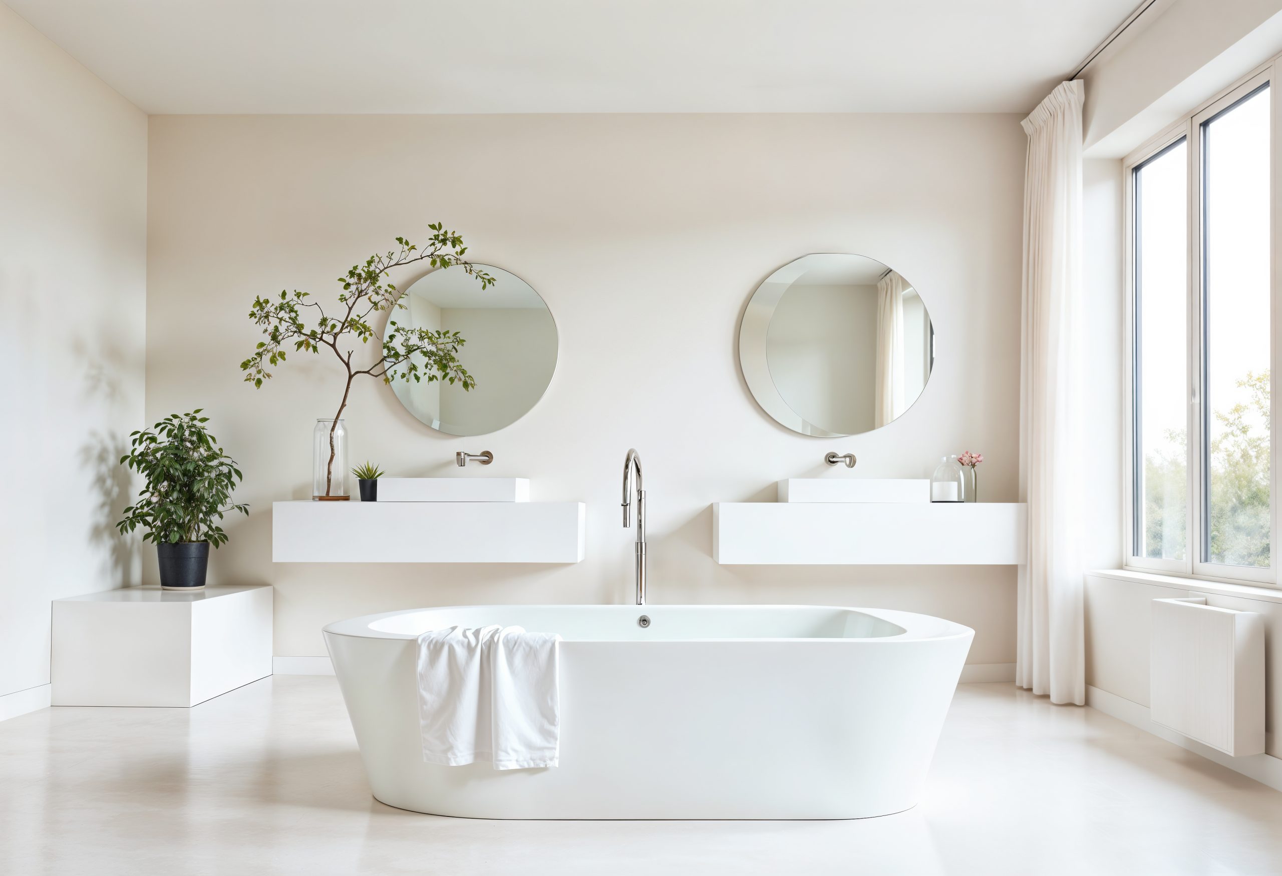 A bright, modern minimalist bathroom with a freestanding white bathtub in the centre. Two round mirrors are mounted above a pair of floating white sinks. A potted plant stands next to a window on the right.
